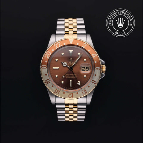 Rolex Certified Pre-Owned GMT Master in Oyster, 40 mm, Stainless Steel and yellow gold 16753 watch available at Long's Jewelers.