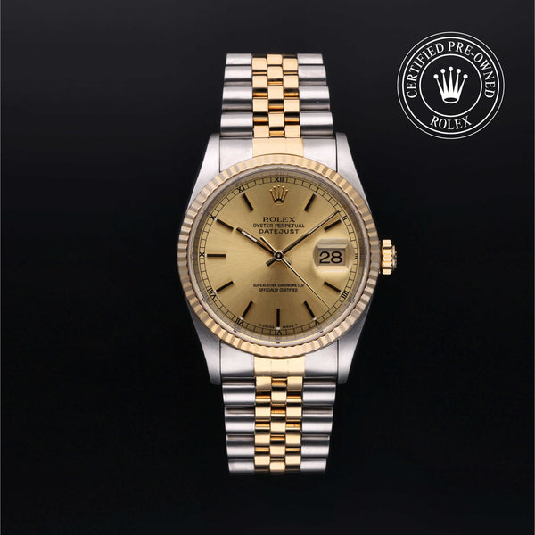 Rolex Certified Pre-Owned Datejust in Oyster, 36 mm, Stainless steel and yellow gold 16233 watch available at Long's Jewelers.