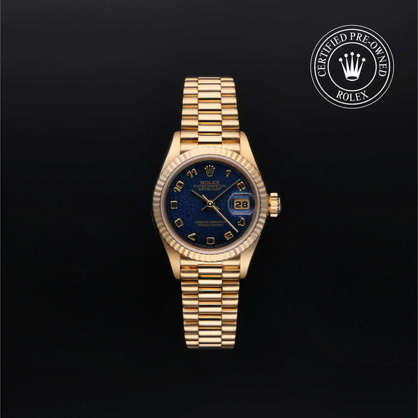 Rolex Certified Pre-Owned Datejust in Oyster, 26 mm, 18k yellow gold 69178 watch available at Long's Jewelers.