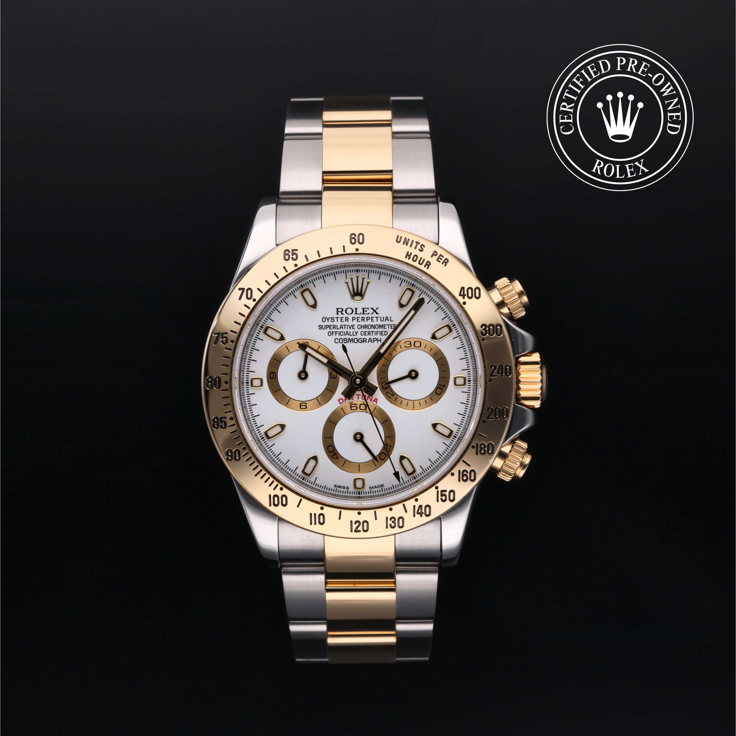 Rolex Certified Pre-Owned Cosmograph Daytona in Oyster, 40 mm, Stainless Steel and yellow gold 116523 watch available at Long's Jewelers.