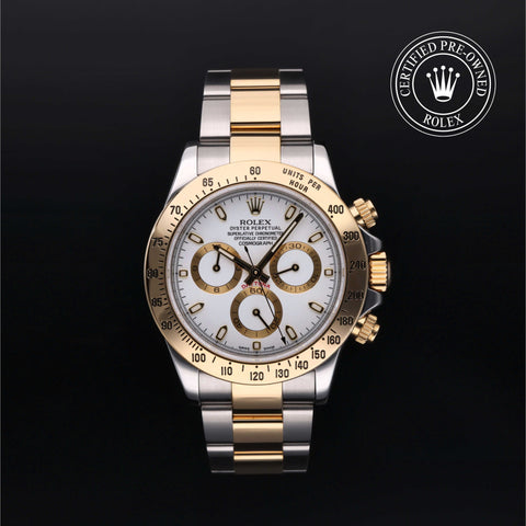 Rolex Certified Pre-Owned Cosmograph Daytona in Oyster, 40 mm, Stainless Steel and yellow gold 116523 watch available at Long's Jewelers.