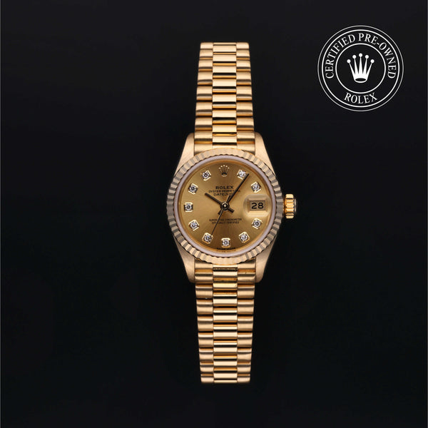 Rolex Certified Pre-Owned Lady-Datejust in 26 mm, 18k yellow gold 69178 watch available at Long's Jewelers.