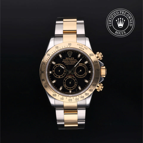 Rolex Certified Pre-Owned Cosmograph Daytona in Oyster, 40 mm, Stainless Steel and yellow gold 116523 watch available at Long's Jewelers.