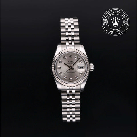 Rolex Certified Pre-Owned Lady-Datejust in Jubilee, 26 mm, Stainless Steel and white gold 179174 watch available at Long's Jewelers.