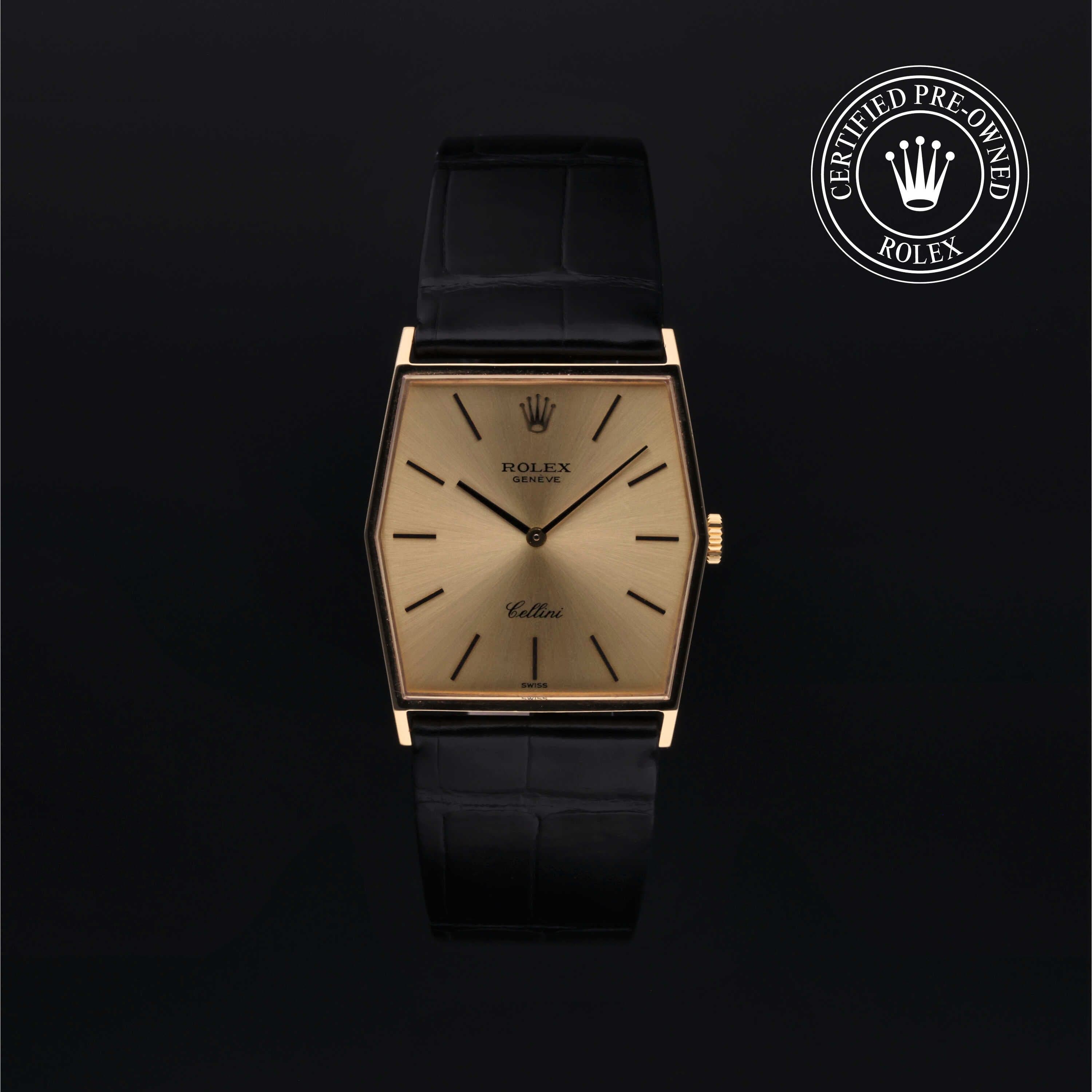 Rolex Certified Pre-Owned Cellini Date in Leather, 29 x 35 mm, 18k yellow gold 4122/8 watch available at Long's Jewelers.