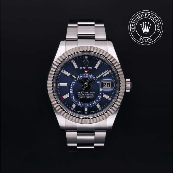 Rolex Certified Pre-Owned Sky-Dweller in Oyster, 42 mm, Stainless Steel and White Gold 326934 watch available at Long's Jewelers.