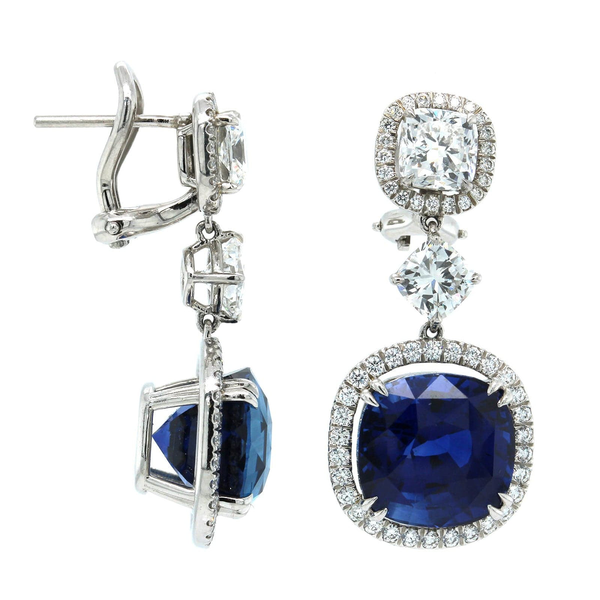 Platinum Royal Blue Sapphire Diamond Halo Drop Earrings Long s