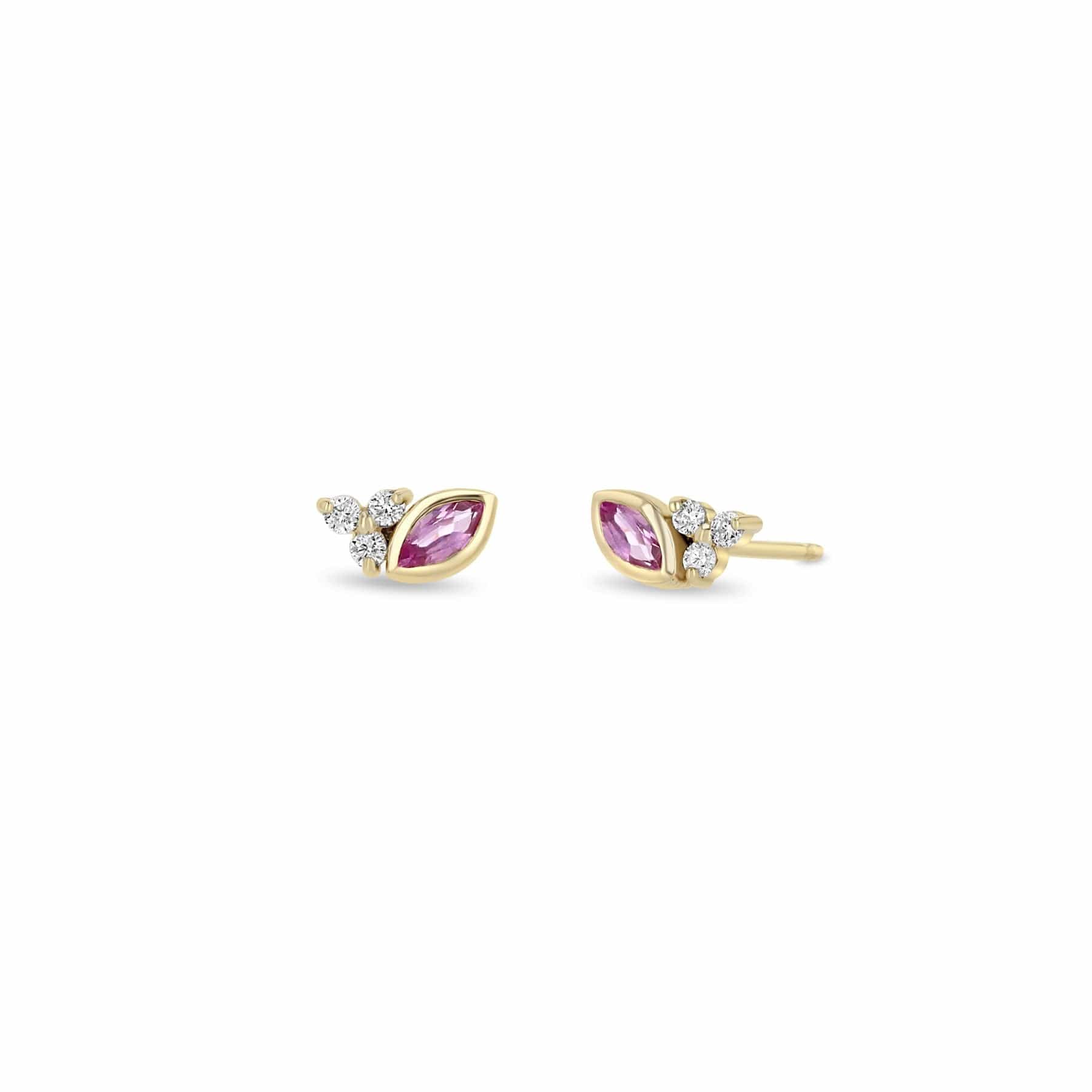 14K Yellow Gold Pink Sapphire and Diamond Trio Stud Earrings