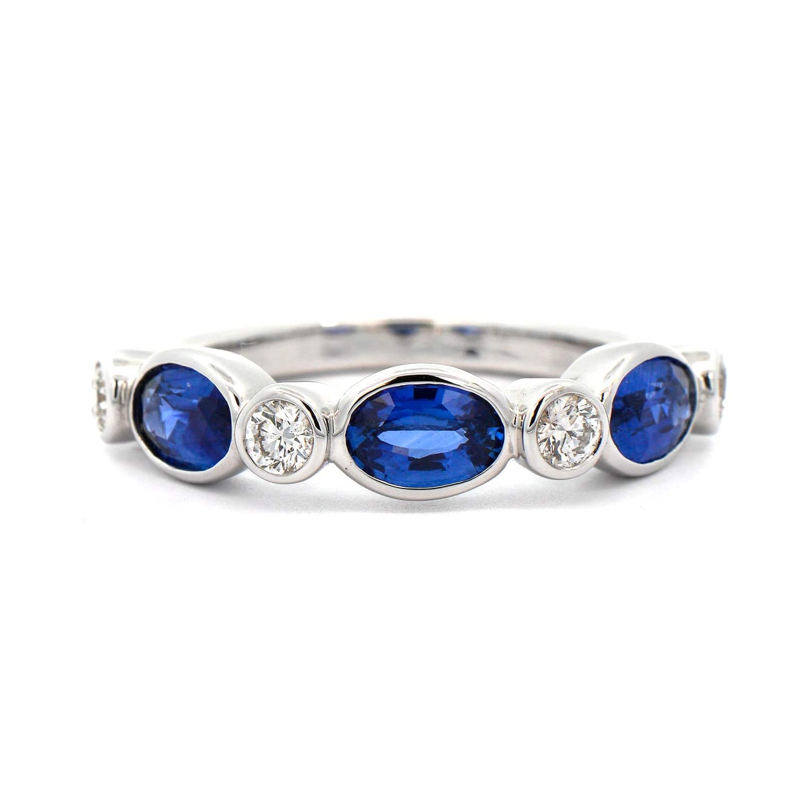 18K White Gold Alternating Oval Sapphire and Round Diamond Ring