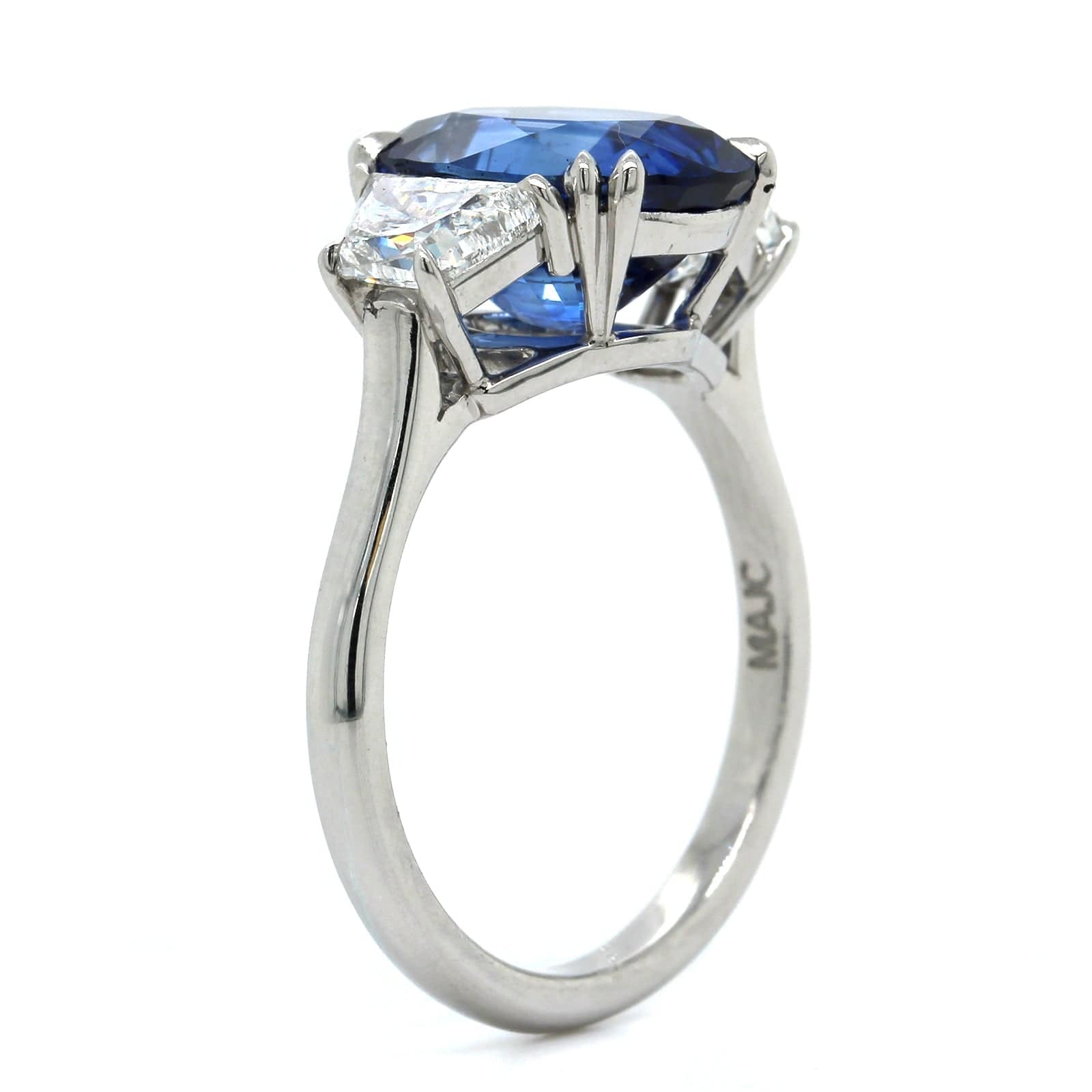 Platinum Sapphire and Trapezoid Diamond 3 Stone Ring