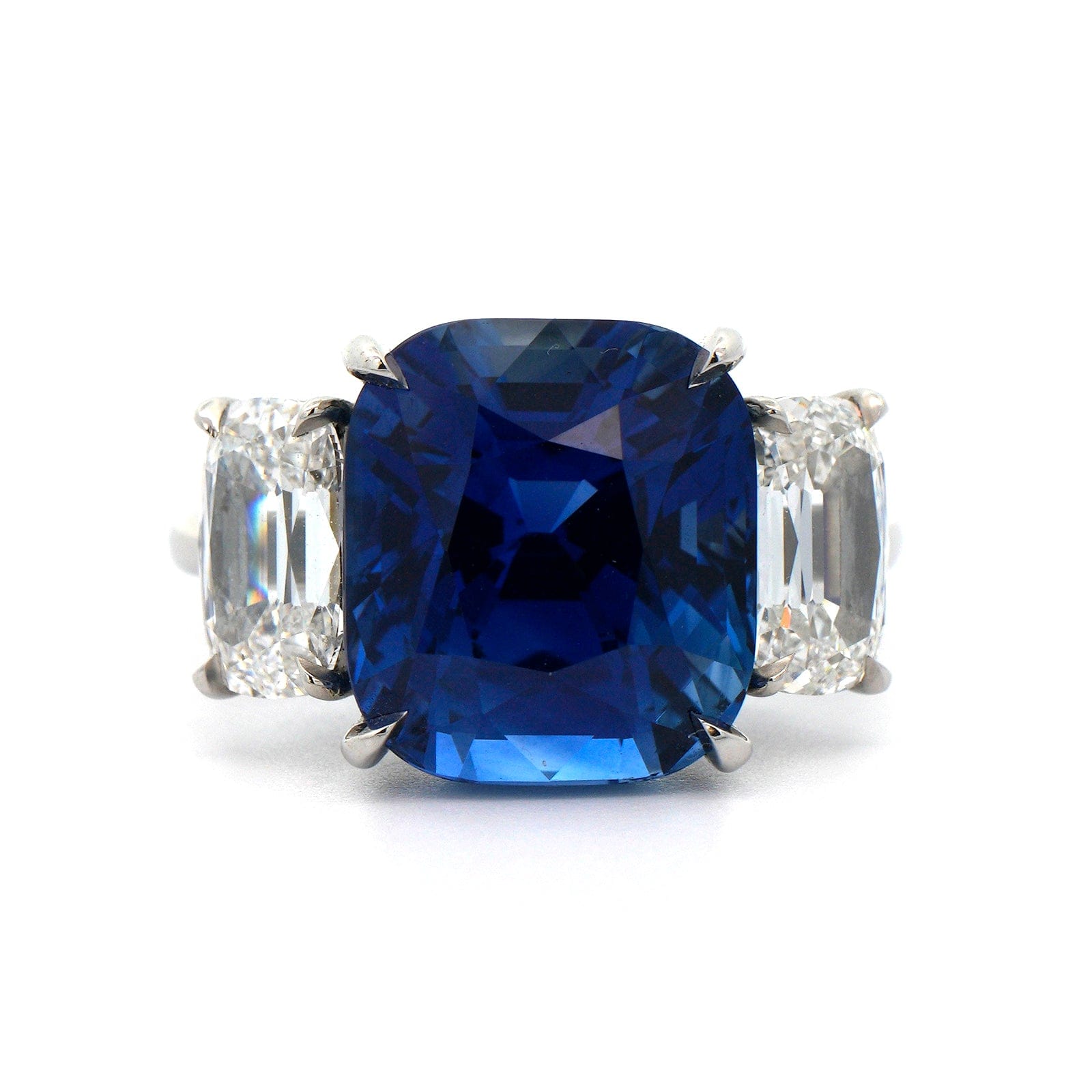 Platinum 3 Stone Blue Sapphire and Diamond Ring