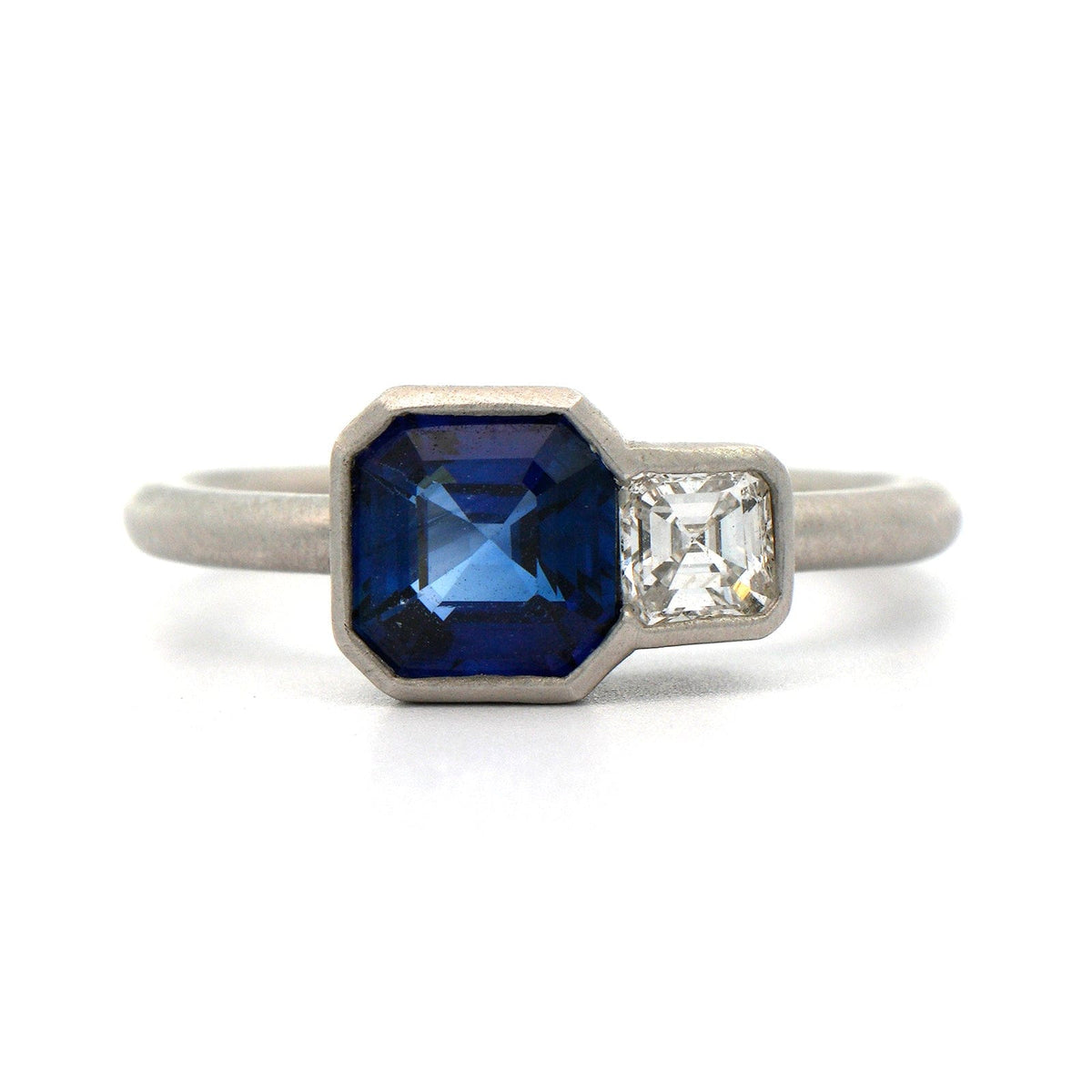 Platinum 2 Stone Asscher Cut Sapphire and Diamond Ring