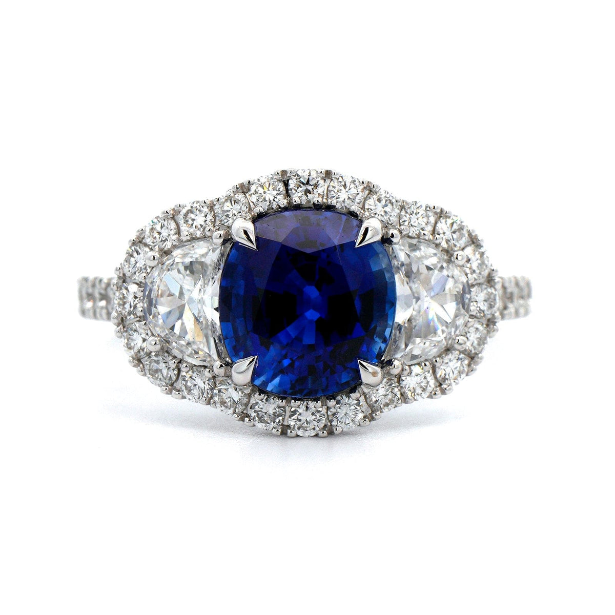 18K White Gold Cushion Sapphire and Half Moon Diamond Ring