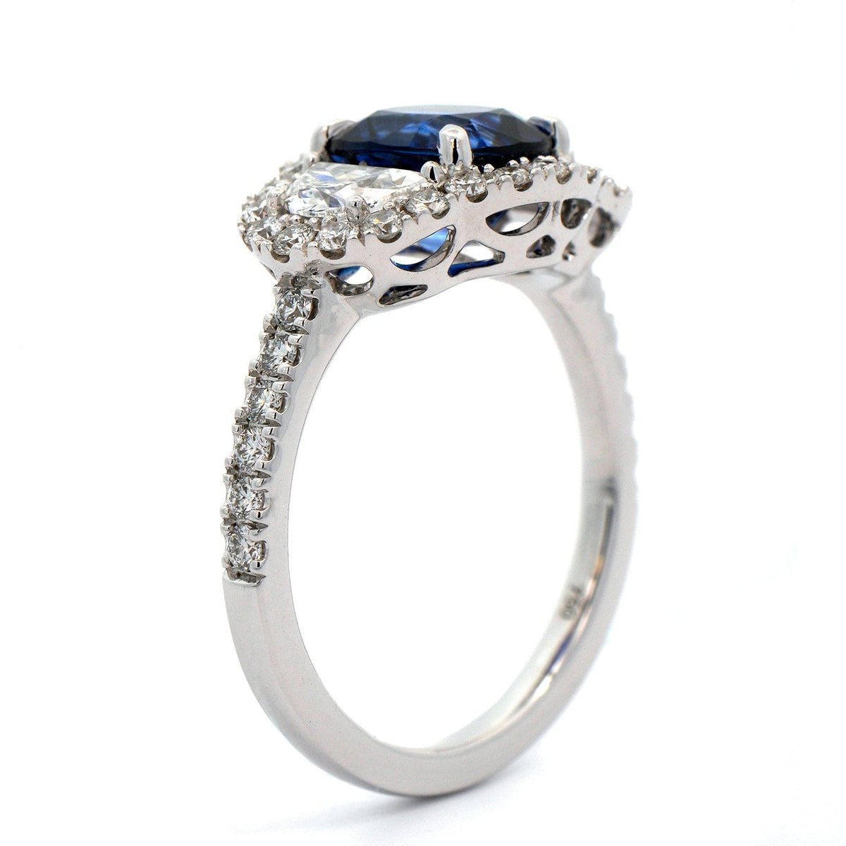 18K White Gold Cushion Sapphire and Half Moon Diamond Ring