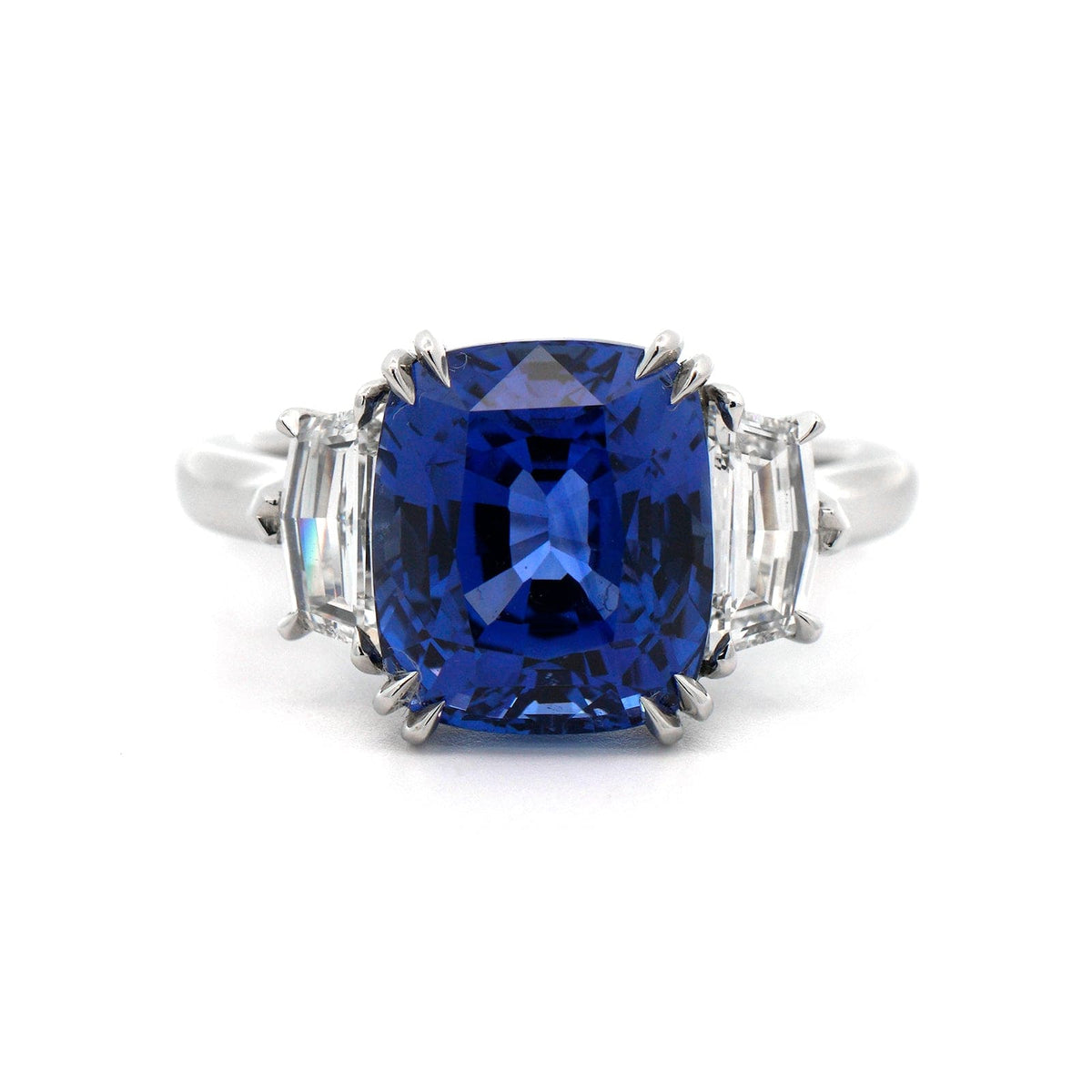 Platinum 3 Stone Cushion Sapphire and Epaulette Diamond Ring