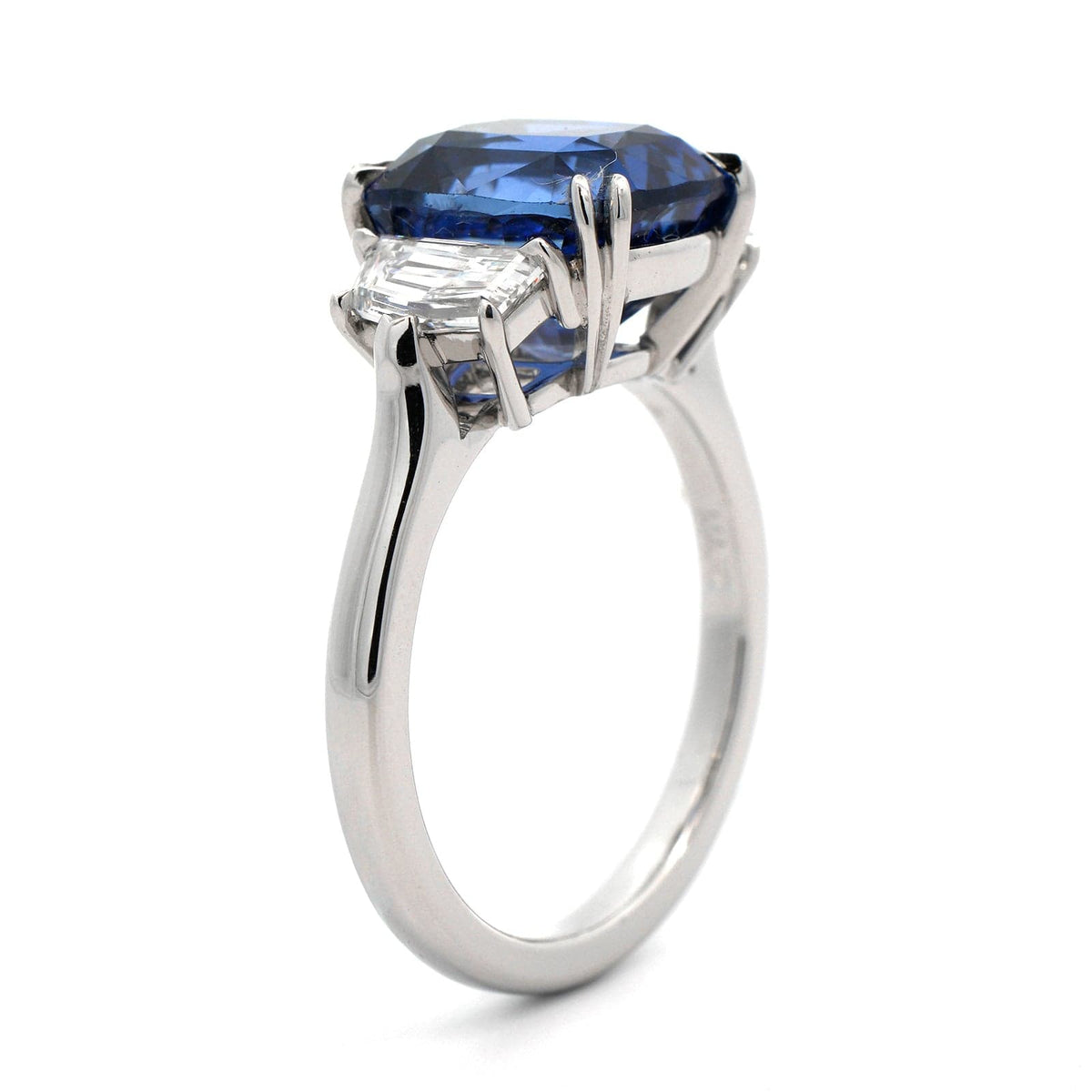 Platinum 3 Stone Cushion Sapphire and Epaulette Diamond Ring