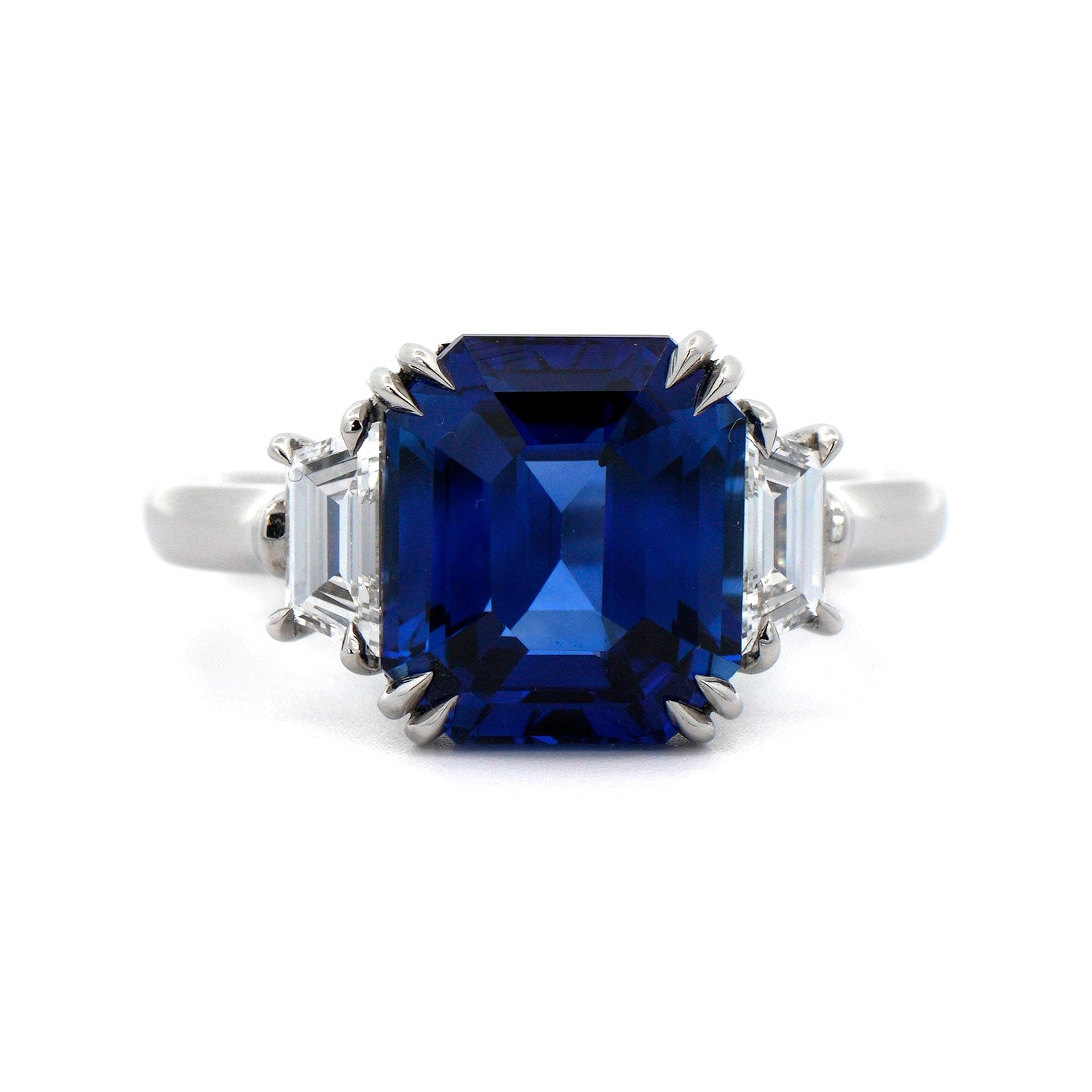 Platinum 3 Stone Blue Sapphire and Trapezoid Diamond Ring