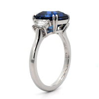 Platinum 3 Stone Blue Sapphire and Trapezoid Diamond Ring