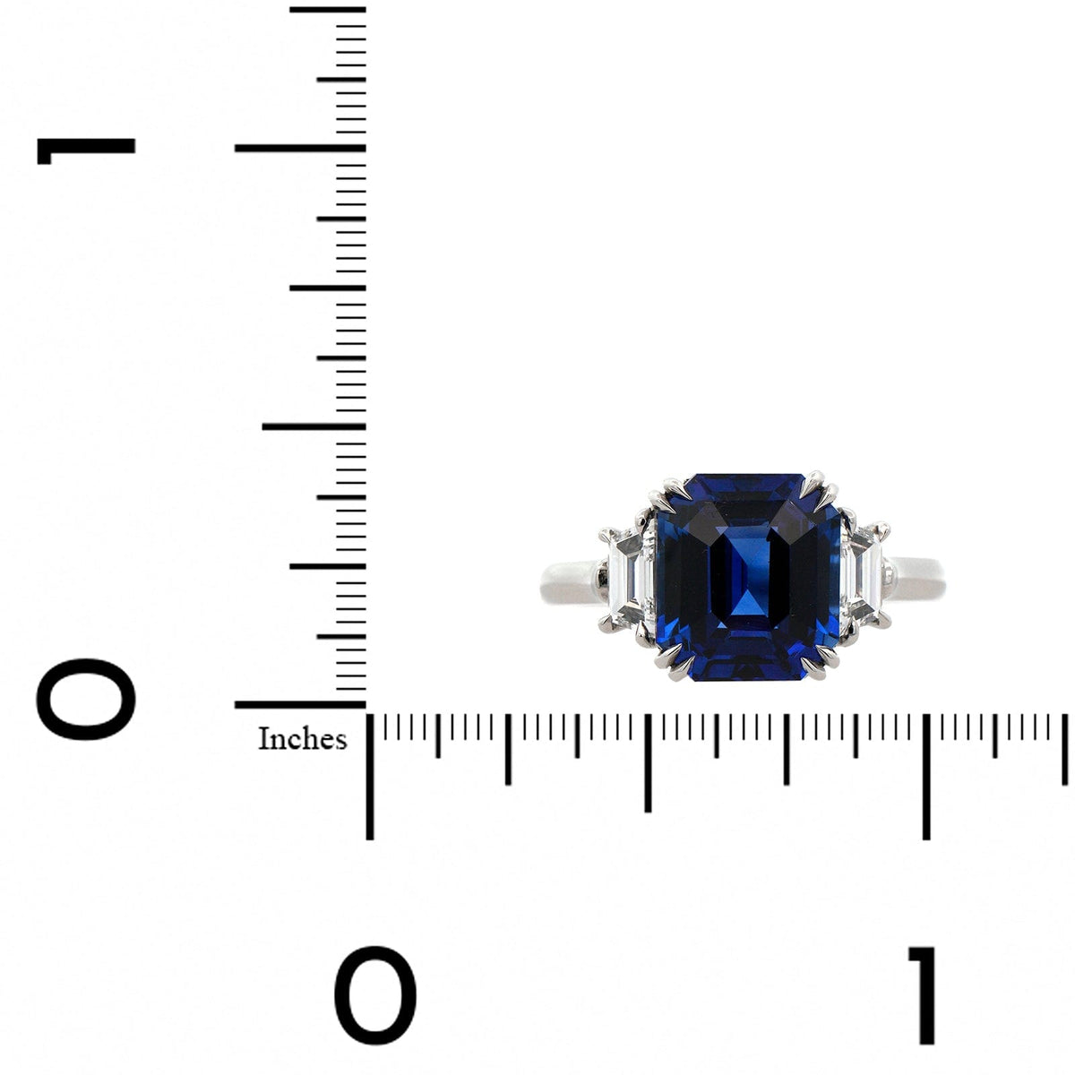 Platinum 3 Stone Blue Sapphire and Trapezoid Diamond Ring