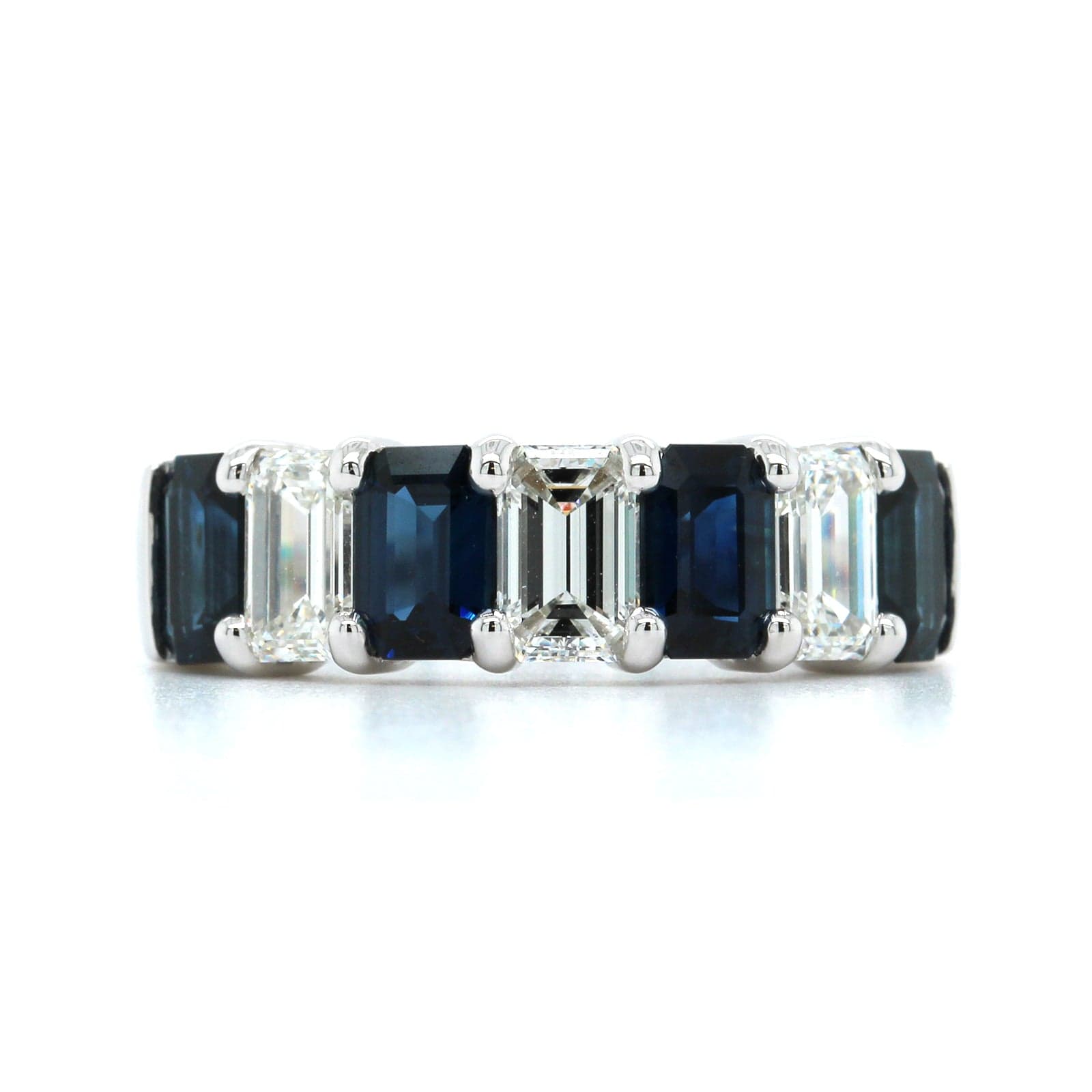 18K White Gold Emerald Cut Sapphire and Diamond Shared Prong Band