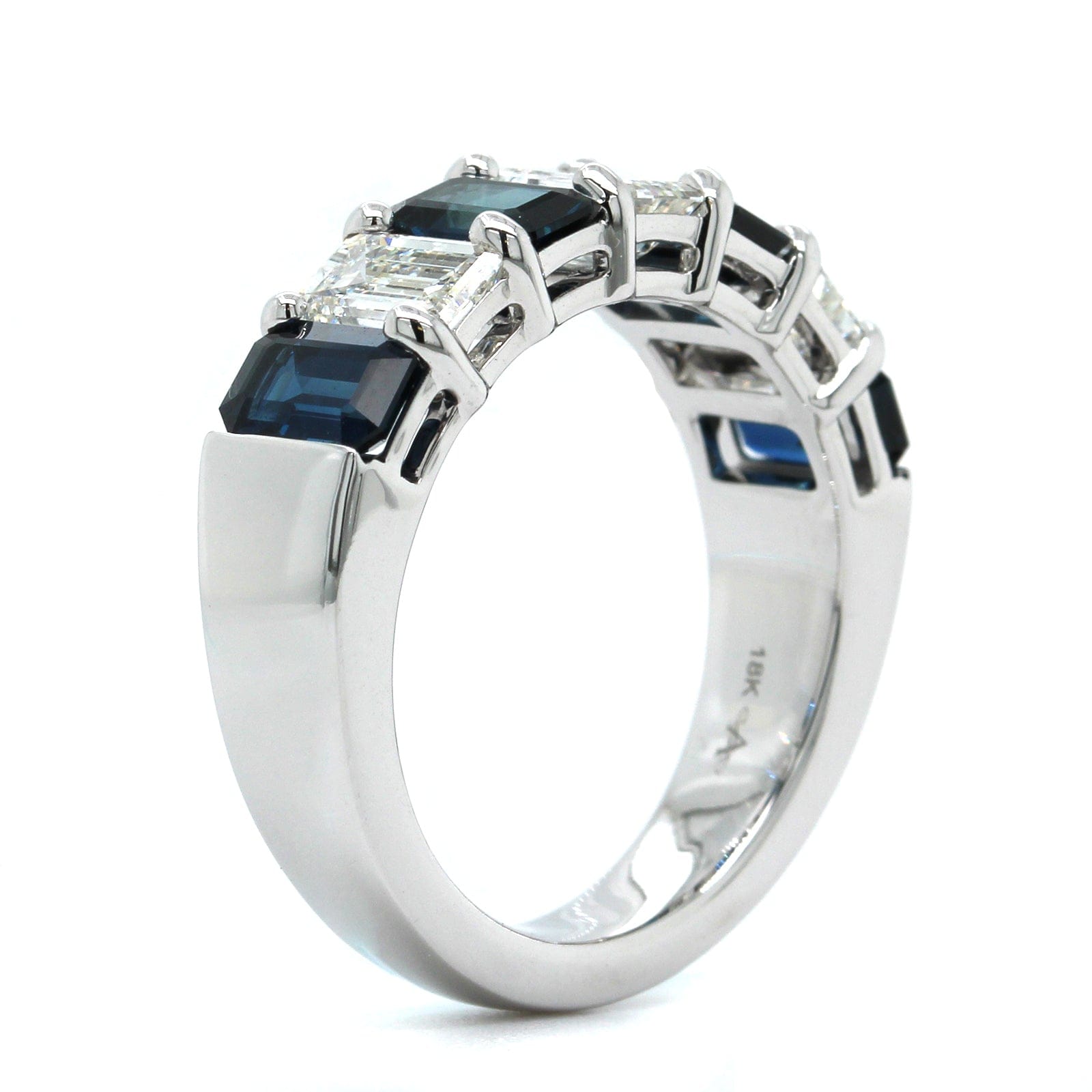 18K White Gold Emerald Cut Sapphire and Diamond Shared Prong Band