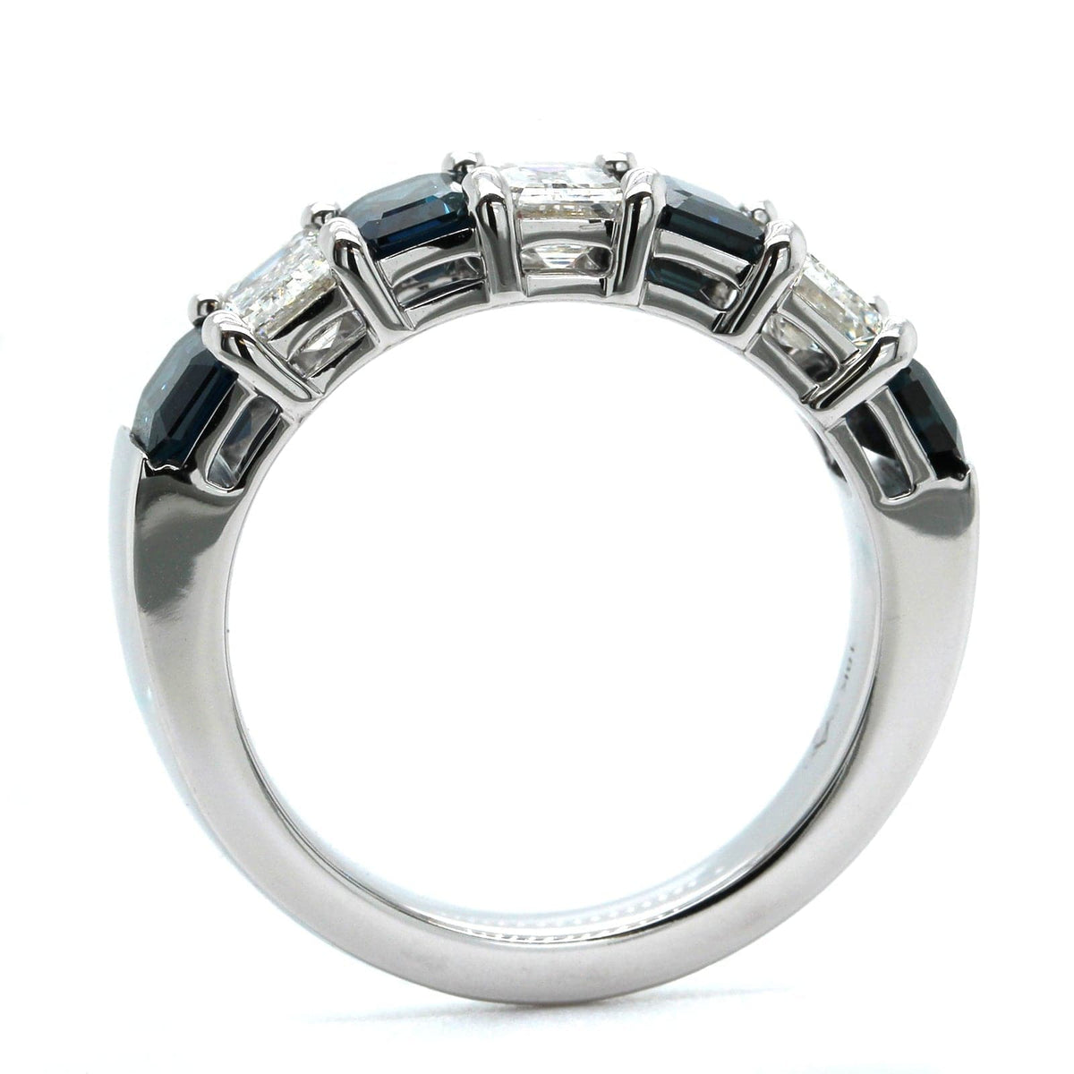 18K White Gold Emerald Cut Sapphire and Diamond Shared Prong Band