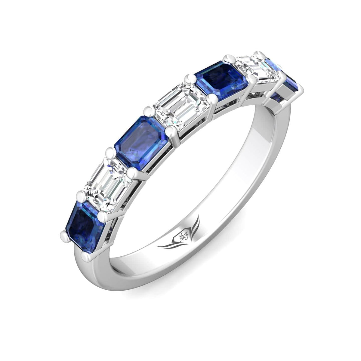 Platinum Shared Prong Emerald Cut Sapphire & Diamond Band