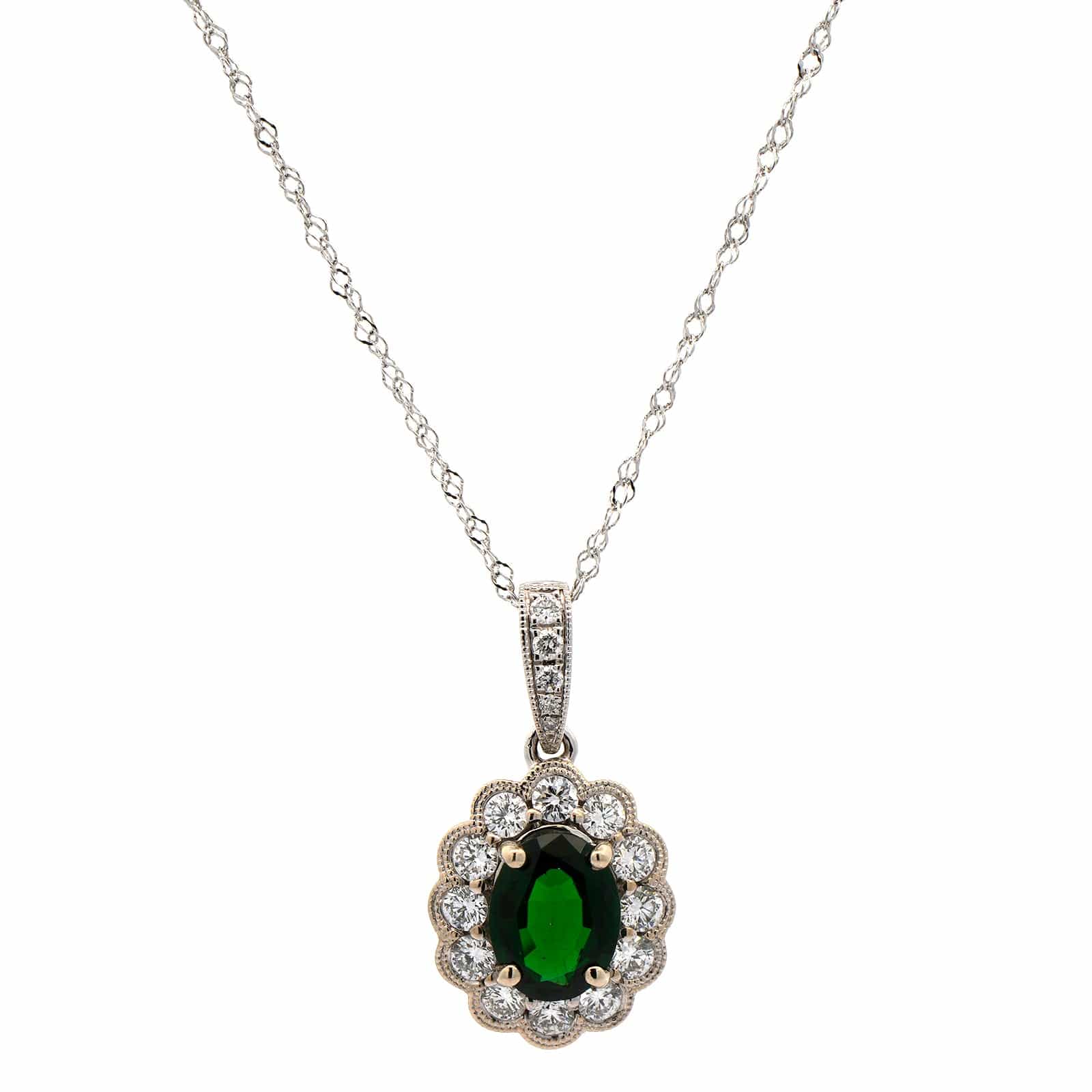 18K White Gold Tourmaline and Diamond Halo Pendant