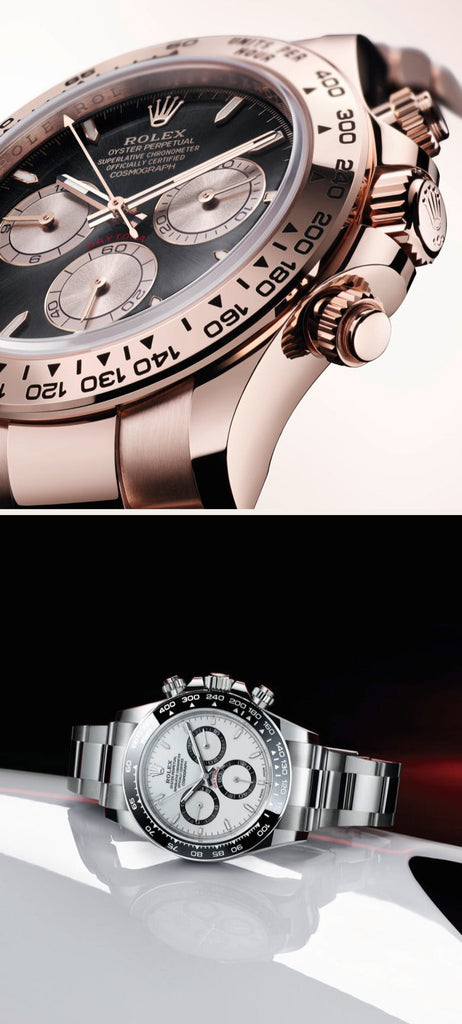 Split image showing two luxury watches. On the left, a close-up of a Rolex watch with a black and silver dial, chrono sub-dials, and sleek metal casing. On the right, a full view of a similar Rolex watch with a white dial and black bezel, resting on a glossy surface.