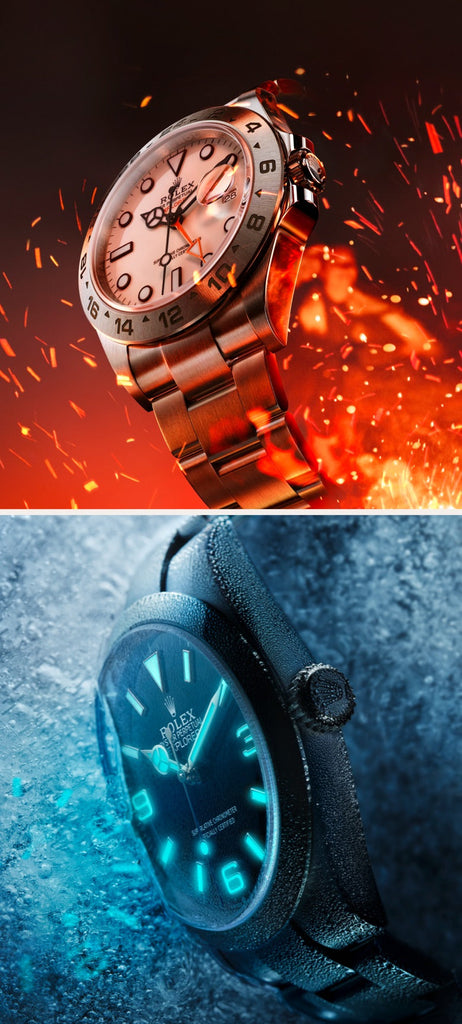 A split image showing two wristwatches: the left one is surrounded by sparks and flames, symbolizing heat, while the right one is covered in frost and has a glowing face, symbolizing cold. Both watches feature metallic bands.