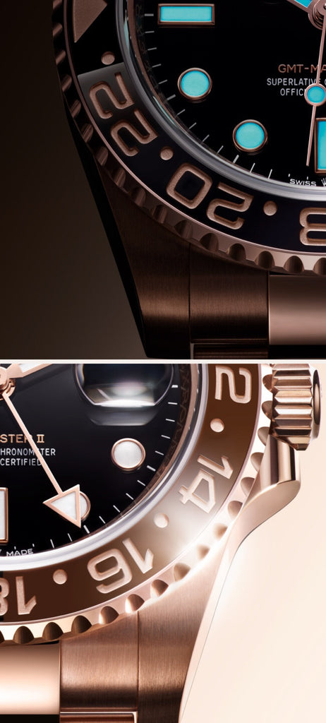 Close-up view of a luxury wristwatch displaying a split design. The left side features a dark bezel with white numerals and a black dial with luminous markers. The right side shows a rose gold bezel, rose gold case, and bracelet, highlighting its intricate details.