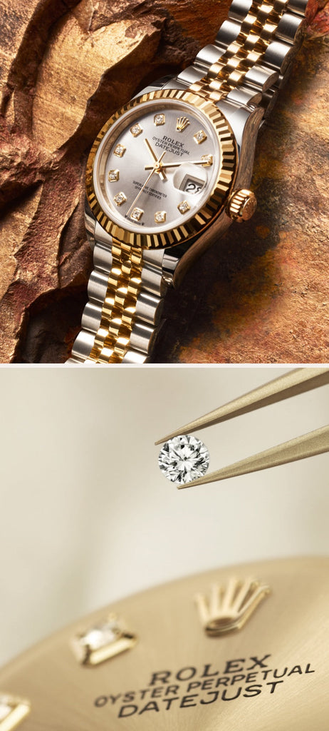 A luxury two-tone Rolex watch with a silver and gold bracelet is displayed on the left against a textured stone background. On the right, a diamond is held by tweezers above a Rolex Oyster Perpetual Datejust dial, showcasing intricate details and craftsmanship.