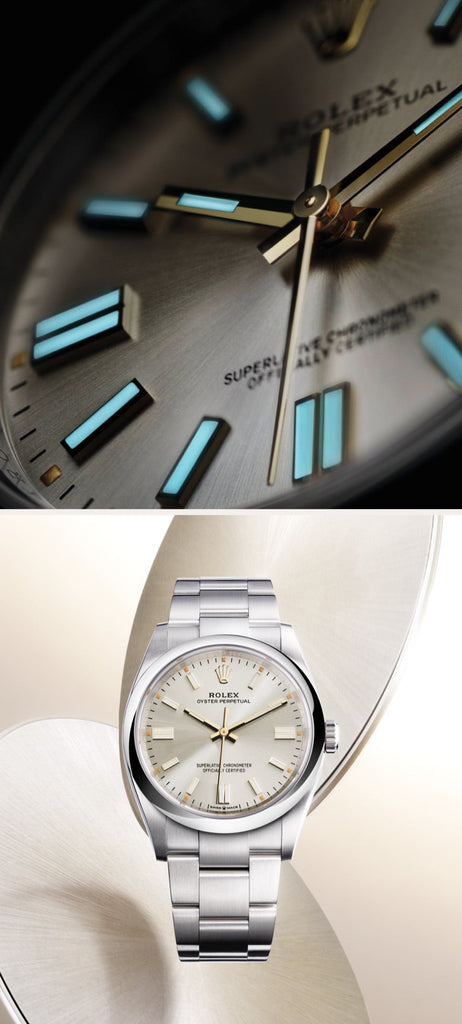 A close-up view of a Rolex watch face is shown alongside a full view of the same Rolex watch. The watch has a silver case and bracelet, and a light silver dial with luminous hour markers and hands. The Rolex crown logo is visible on both the watch face and the bracelet.