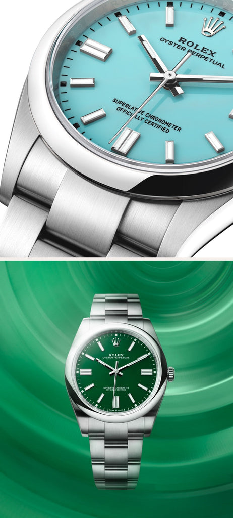 A split image featuring two Rolex Oyster Perpetual watches. The left half shows a close-up of a silver watch with a turquoise blue dial, baton hour markers, and the trademark Rolex crown logo. The right half displays a silver watch with a green dial against a green swirling background.