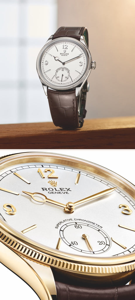 Split image: The left side shows a Rolex watch with a brown leather strap on a wooden surface. The right side is a close-up view of the watch's white face, displaying gold hour markers, hands, 