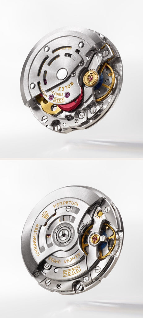 The image displays close-up views of a mechanical watch movement from two angles, revealing intricate gears, springs, and components. The precision engineering and craftsmanship of the timepiece are highlighted through the detailed design and high-quality finish.