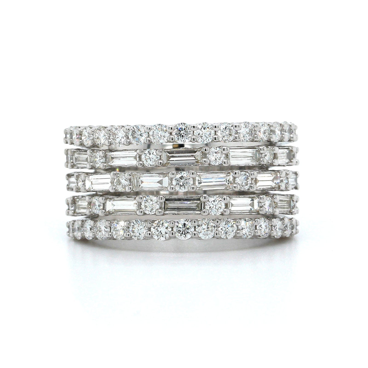 14K White Gold 5 Row Round and Baguette Diamond Ring, 14k white gold, Long's Jewelers