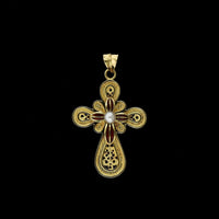 18K Yellow Gold Estate Cultured Pearl and Enamel Cross, Gold, Long's Jewelers