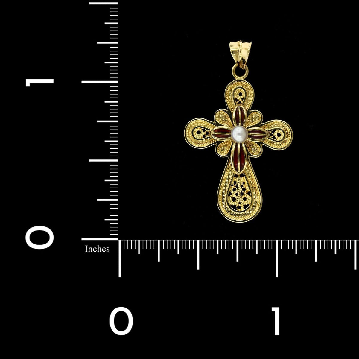 18K Yellow Gold Estate Cultured Pearl and Enamel Cross, Gold, Long's Jewelers