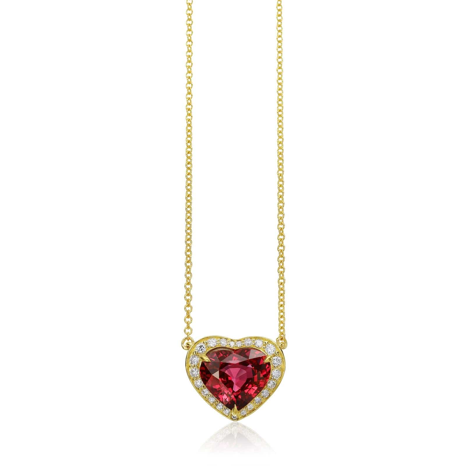 18K Yellow Gold Heart Shaped Ruby Diamond Halo Necklace, Gold, Long's Jewelers