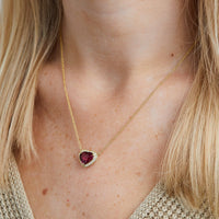 18K Yellow Gold Heart Shaped Ruby Diamond Halo Necklace