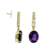 18K Yellow Gold Oval Amethyst Diamond Drop Earrings