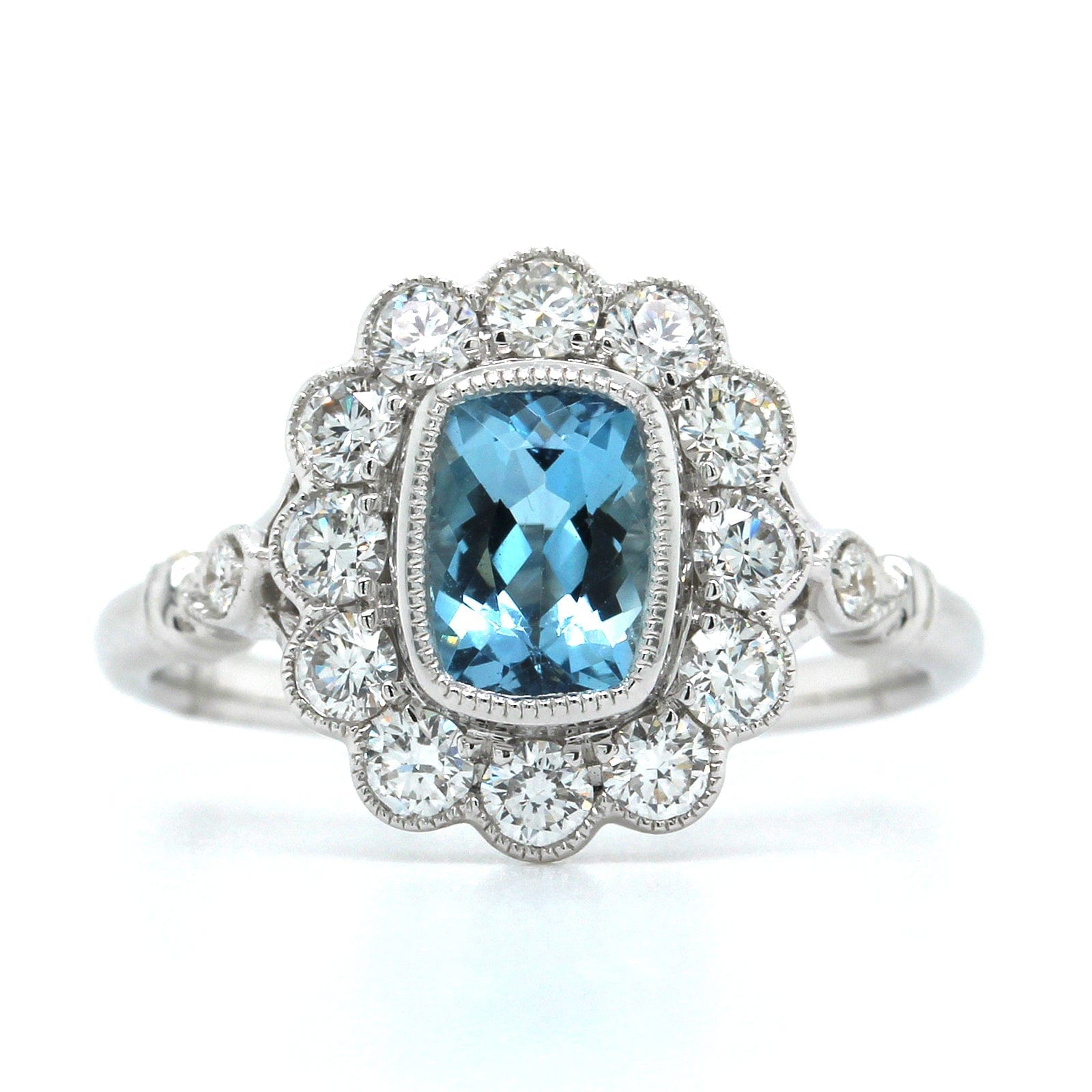 18K White Gold Cushion Aquamarine Vintage Style Ring, 18k white gold, Long's Jewelers