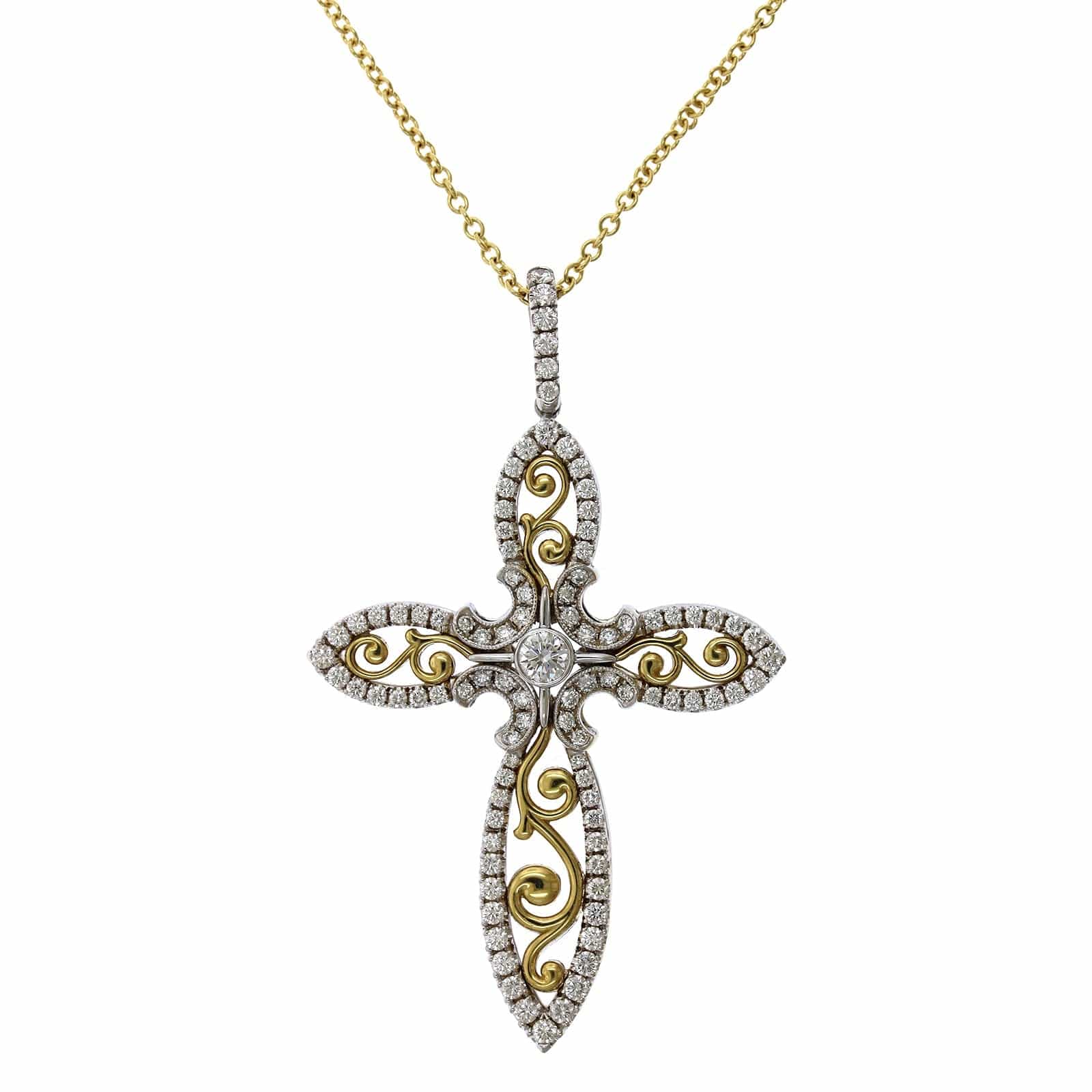 18K Two-Tone Diamond Cross Pendant, 18k yellow and white gold, Long's Jewelers