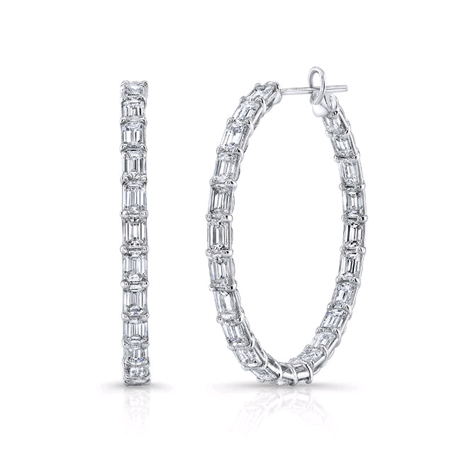 18K White Gold Emerald Cut Diamond Hoop Earrings