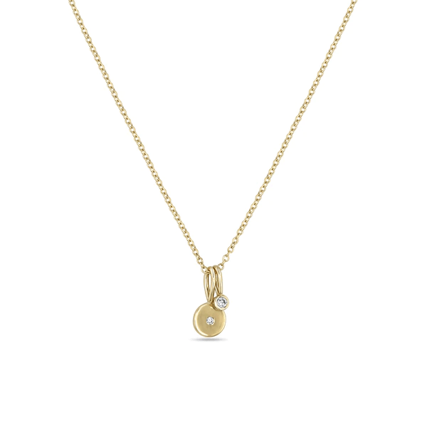 14K Yellow Gold Bezel Diamond Disc Charm Necklace