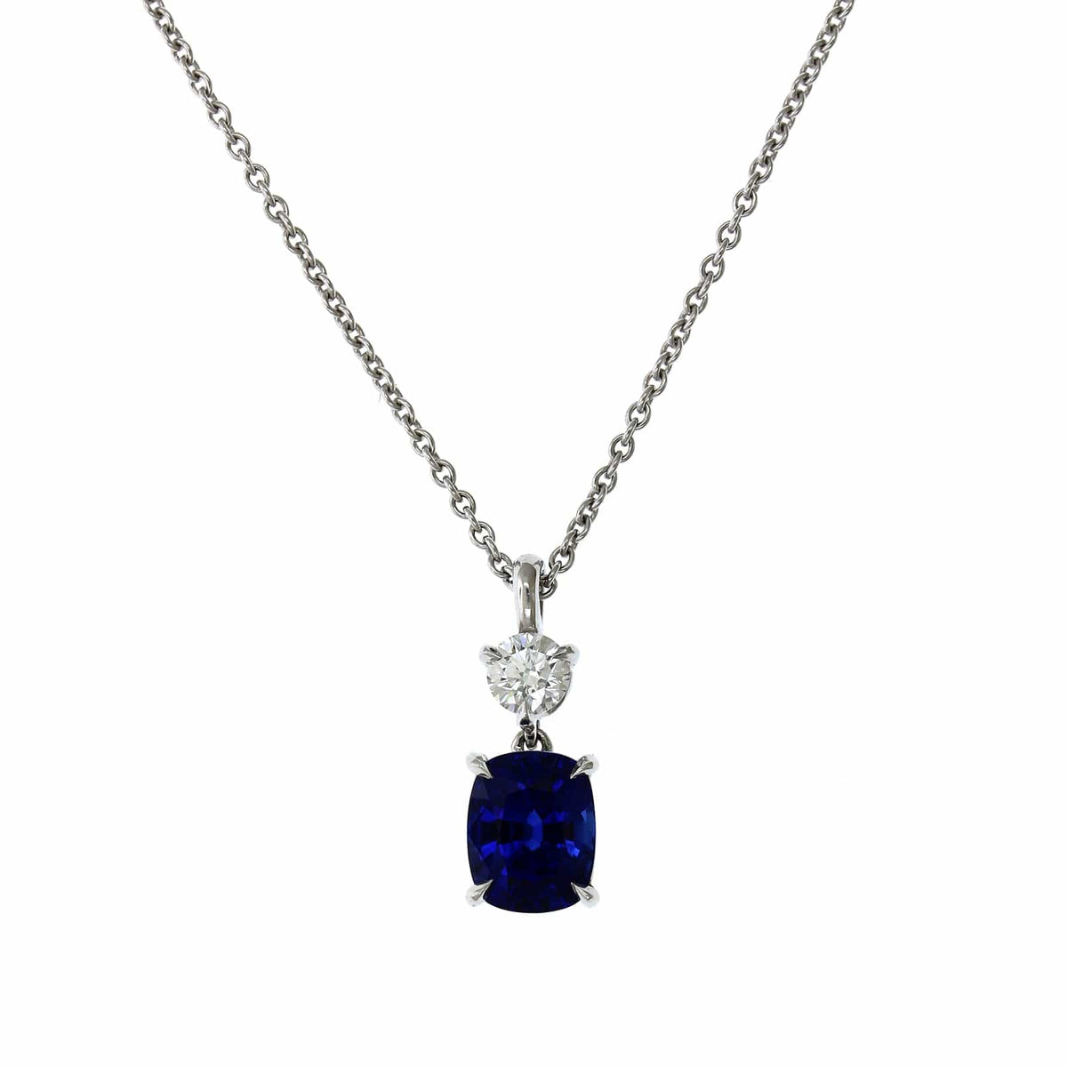 18K White Gold Cushion Sapphire and Diamond Pendant, 18k white gold, Long's Jewelers