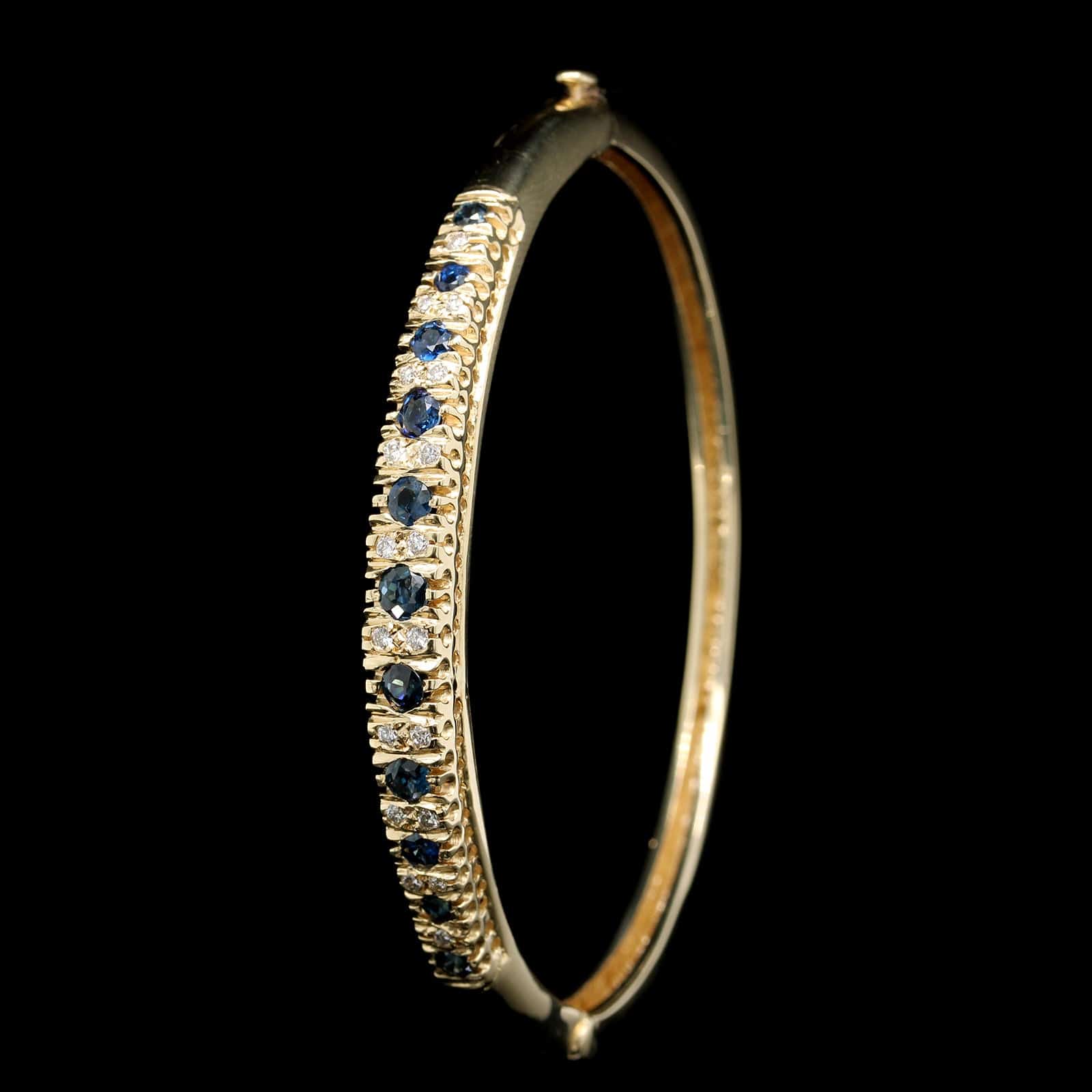 14K Yellow Gold Estate Sapphire and Diamond Hinged Bangle Bracelet