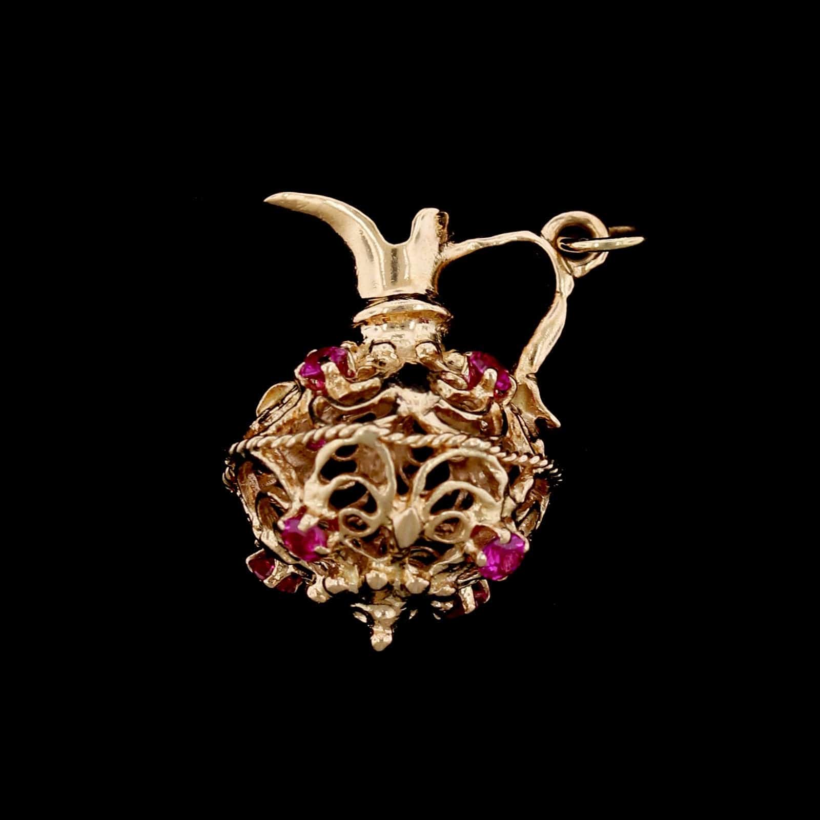 18K Yellow Gold Estate Pitcher/Urn Synthetic Ruby Charm