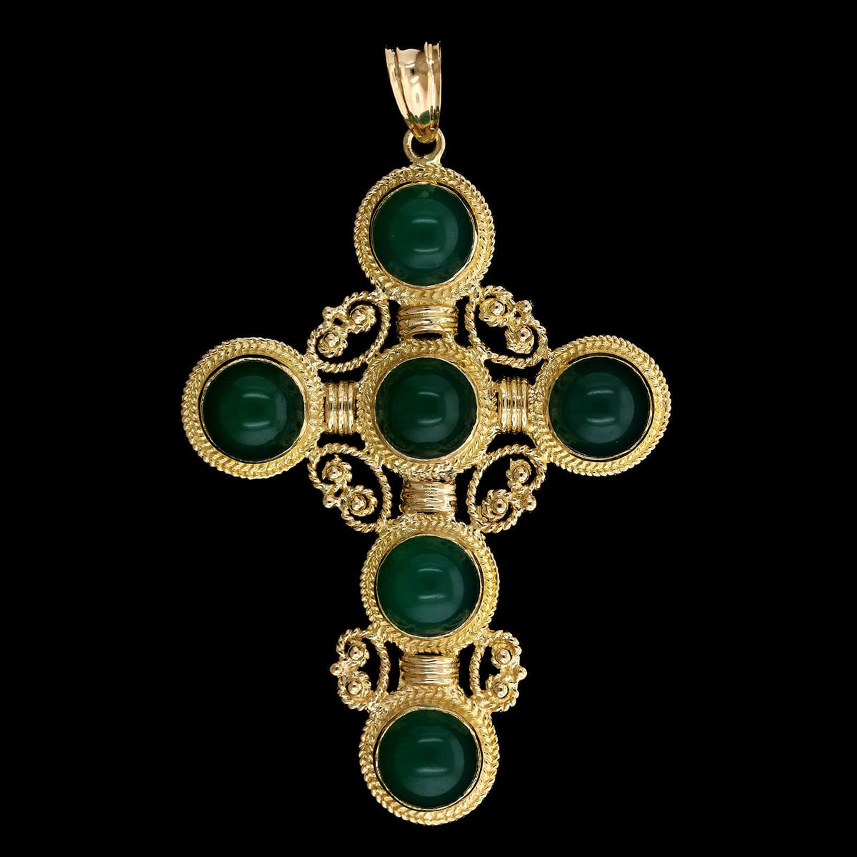 18K Yellow Gold Estate Green Onyx Cross Pendant